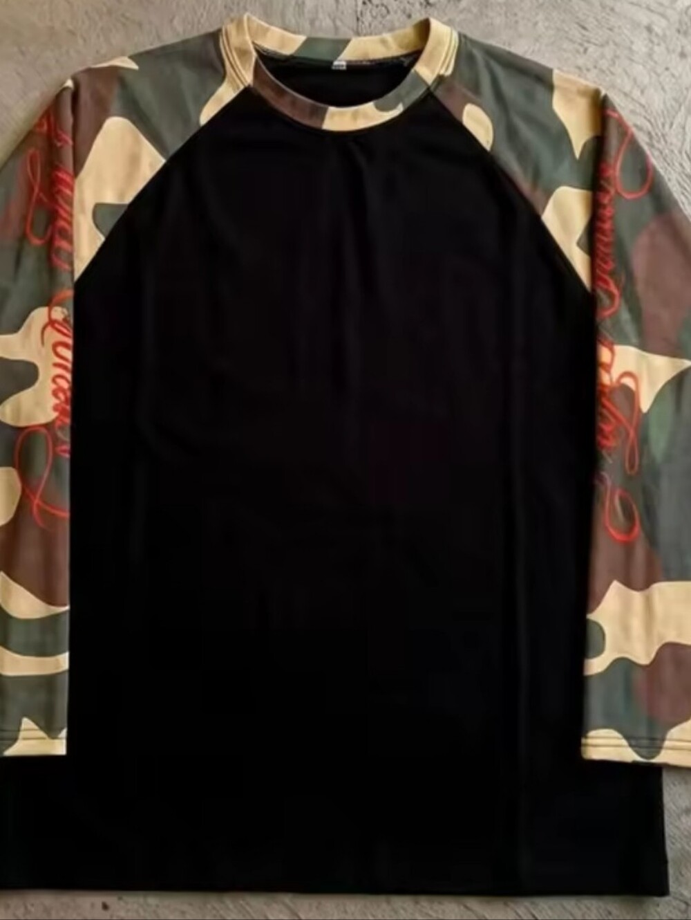 Men's Black Raglan Long-Sleeve Shirt with Camouflage Sleeves